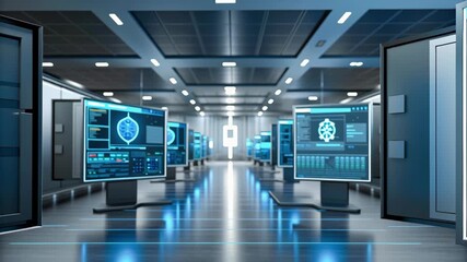Futuristic data center cybersecurity network monitoring server room blue light digital shield control room technology AI threats healthcare systems - Powered by Adobe