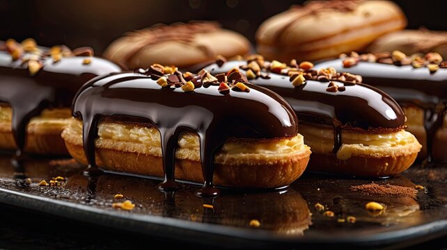 Delicious cream-filled pastries elegantly covered with a rich, glossy chocolate glaze and sprinkled with crunchy nuts, perfect for a gourmet dessert experience