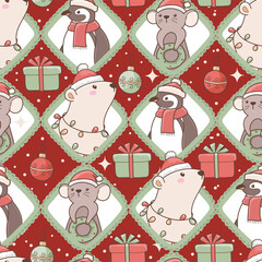 Christmas Polar Friends Seamless Pattern, Xmas Cute Arctic Animals Fabric Design Vector