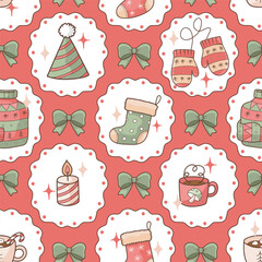 Christmas Cozy Home Seamless Pattern, Warm Holiday Fabric Design Vector