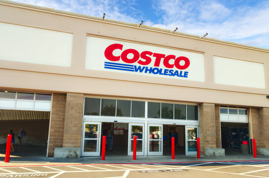 General view of the main entrance to a COSTCO Wholesale store, an American corporation which operates a chain of membership-only big-box warehouse club retail stores, Spokane Washington July 9 2025.