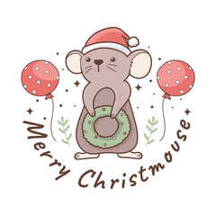 Hand drawn vector illustration of a cute funny rat with santa hat holding christmas wreath, text Merry Christmouse