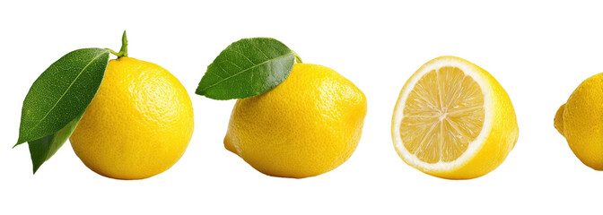 Fototapeta premium Three whole and one sliced lemon, bright yellow, with green leaves