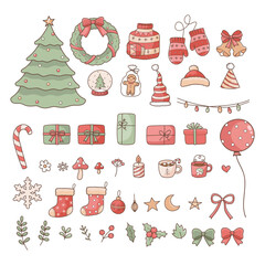 Set of Christmas Elements Set. Xmas Hand Drawn Icons Style. Christmas tree, Gifts, Santa Hat and Cozy Winter Decoration Vector illustration