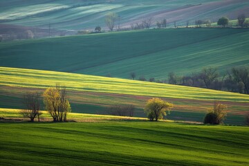 Rolling hills of vibrant green and yellow fields under soft light