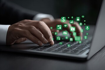 Close-up of hands typing on a laptop with digital icons