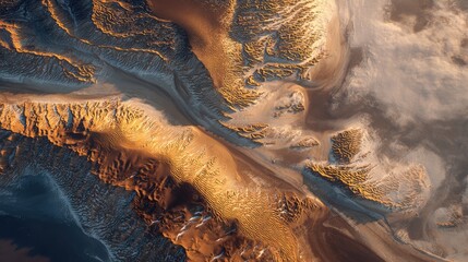 Aerial view of sculpted desert landscape with gold and brown hues