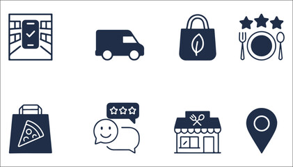 Modern Consumer Service Icons – Mobile Shopping, Eco-Friendly Delivery, Restaurant Reviews, Customer Feedback & Location Vector Set