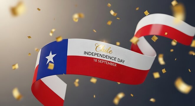 Chile Independence Day Celebration: Ribbon with Flag and Gold Confetti.