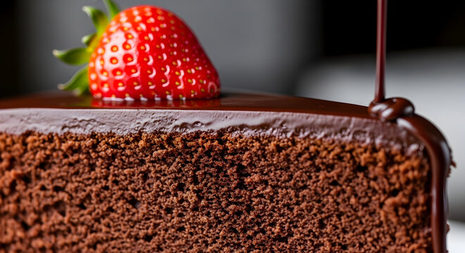 Rich chocolate cake topped with fresh strawberries