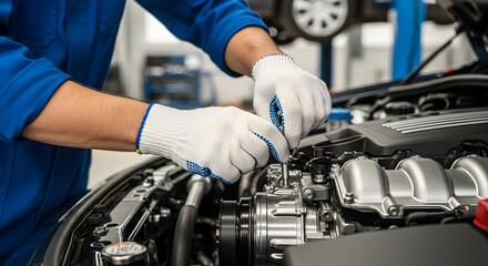 Expert mechanic repairing a car engine in a workshop