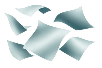 Pale blue paper sheets swirling dynamically, floating against transparent background, representing communication and office workspace design elements