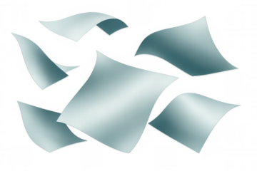 Pale blue paper sheets swirling dynamically, floating against transparent background, representing communication and office workspace design elements