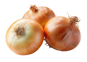 Three whole, golden-tan onions clustered together