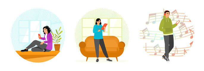 Woman Sitting and Using Phone. Using Tablet in Living Room. Man Listening to Music with Smartphone.