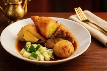 Pempek, a traditional Indonesian fish cake from Palembang, served with spicy vinegar sauce and diced cucumber on a white plate