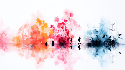 Naklejka premium A vibrant watercolor painting depicting colorful flora and silhouettes, reflecting on a serene surface, blending warm and cool tones harmoniously.