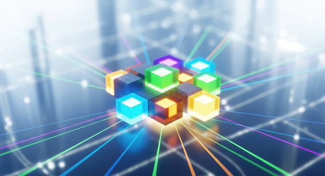 Digital blockchain technology network with glowing geometric cubes connected by colorful data streams. Cryptocurrency, fintech innovation concept with futuristic cyber architecture on city background.