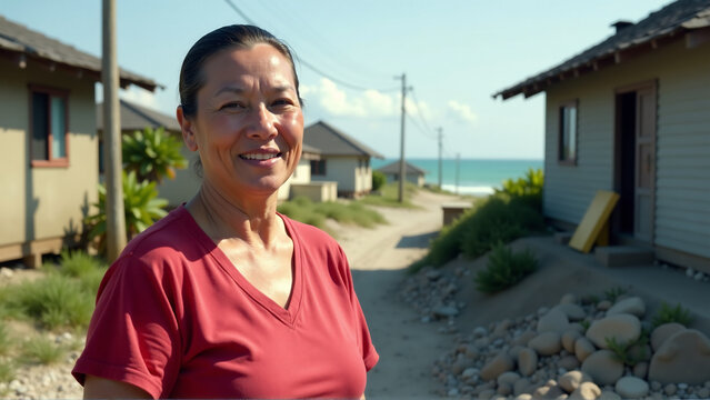 An image of a community recovering and rebuilding after a tsunami, showcasing resilience and hope.