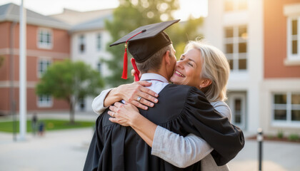 Graduate man hugging his mother outside university campus at sunset  