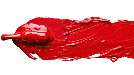 thick brush spreads bright red paint across surface on white background