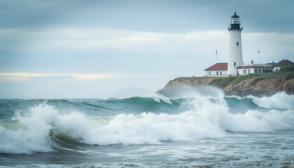 Fototapeta premium Lighthouse on coastal cliff with waves crashing in foreground 