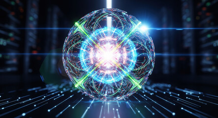 Fototapeta premium Glowing holographic energy sphere with quantum particle beams and electromagnetic field visualization. Futuristic plasma fusion core technology for advanced scientific research and digital innovation.