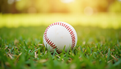 Baseball lying on grass under sunlight in outdoor park setting  