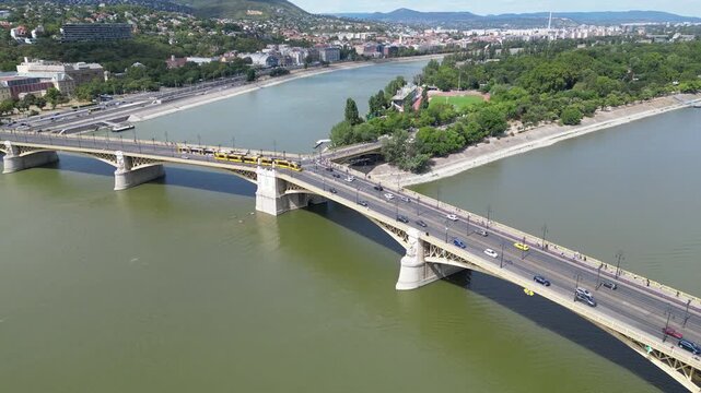 Aerial shot of Margaret island (Margitsziget) and Margaret Bridge (Margit h&iacute;d) in Budapest.