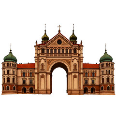 Fototapeta premium Magnificent ornate archway building with towers and arched entrance white background