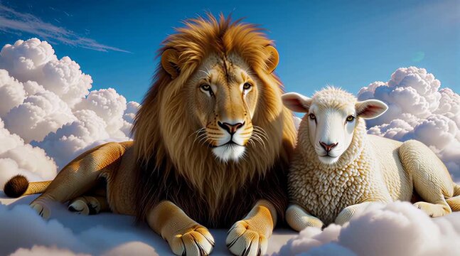 Majestic lion and peaceful lamb resting amongst fluffy clouds, symbolizing peace and harmony
