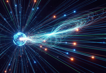 Obraz premium Quantum physics visualization with energy particle collision and electromagnetic radiation waves. Abstract science concept of atomic fusion reaction and cosmic dynamics.