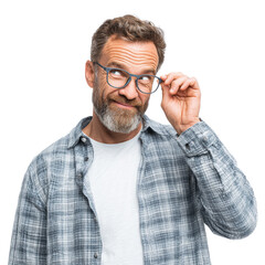 Obraz premium Middle-aged man adjusting glasses with playful smirk