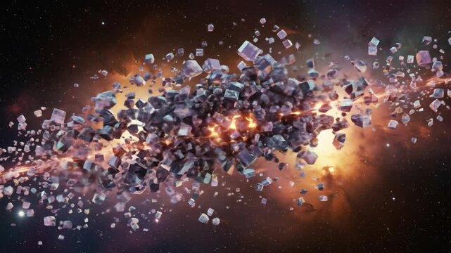 Cuboidshaped elements gather around a bright orange core against a starfilled nebulalike space backdrop