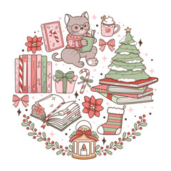 Christmas Bookish Collection Vector, Cozy Winter Cat Reading, Cute Christmas Books Hand Drawn Design