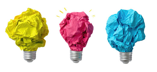 Three crumpled paper lightbulb illustrations in yellow, pink, and blue, set against a black background.  Each lightbulb has a crumpled paper texture and is outlined. 