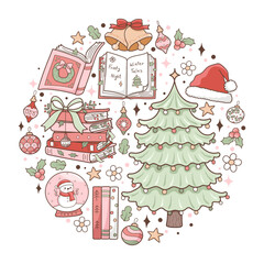 Christmas Bookish Vector, Cozy Winter Reading, Holiday Book Lover Hand Drawn Design