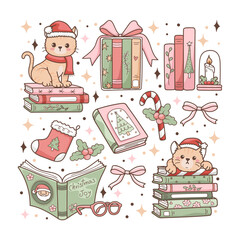Christmas Bookish Vector, Cozy Winter Reading, Holiday Book Lover Hand Drawn Design