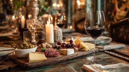Fototapeta premium Elegant cheese and charcuterie board on rustic table, candles, wine glass