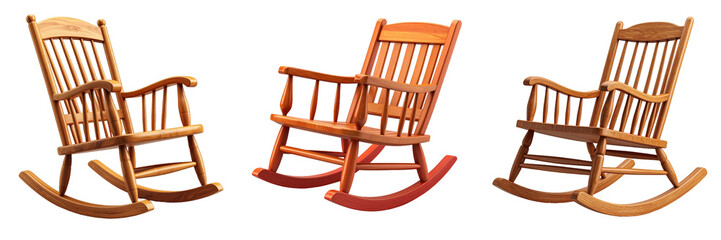 Three 3D Plastic Style Rocking Chairs Isolated On Transparent Background Wooden Furniture Icons For Home Decor And Comfortable Seating