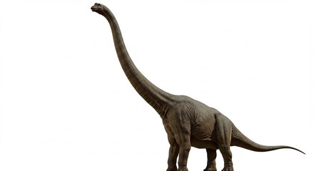 Obraz premium Hoch aufragender Dinosaurier steht majestaetisch vor weissem Hintergrund. AI Generated