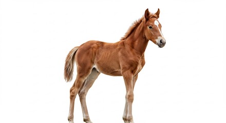 Obraz premium Braunes Fohlen steht elegant hell erleuchtet vor weissem Hintergrund. AI Generated