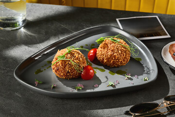Arancini rice balls, moody lighting, overhead composition on modern triangular plate