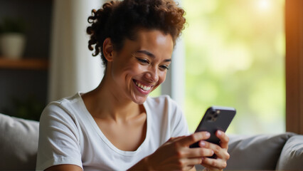 An image of a person smiling while looking at an electronic greeting on their device, capturing the joy of receiving a digital message.