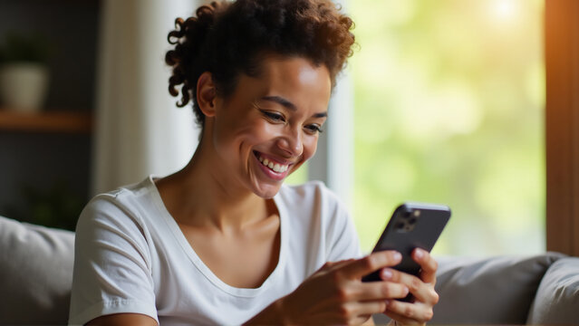 An image of a person smiling while looking at an electronic greeting on their device, capturing the joy of receiving a digital message.