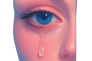 Hyper-Stylized Digital Portrait of a Blue Eye Crying a Single Tear on a Soft, Rosy Face with Smooth Gradient Lighting