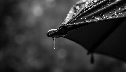 Close-up of umbrella dripping water during rainfall in black and white  