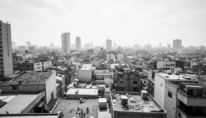 Urban cityscape with high-rise buildings under a hazy sky  
