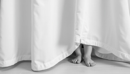 Child's feet peeking from behind white curtain in monochrome setting  
