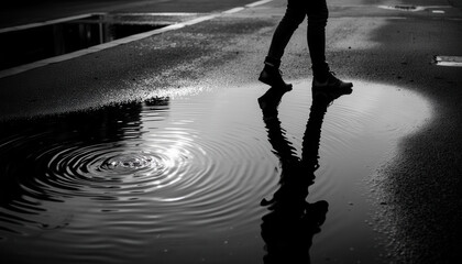 Person walking through a puddle on a wet street in black and white  